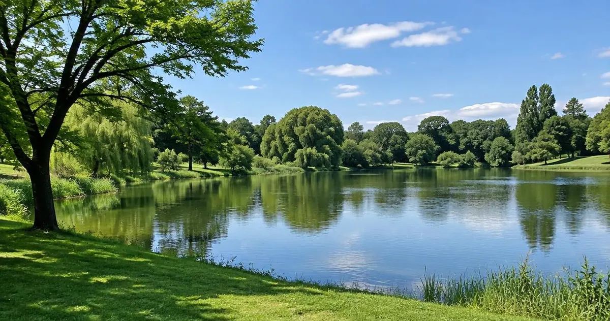 Groen park met een grote vijver en bomen op een zomerse dag, zonder mensen