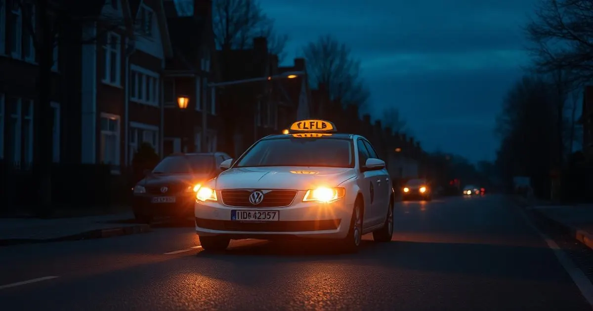 Taxi bij een vroege vlucht Taxi met brandende koplampen in een Nederlandse straat voor zonsopkomst