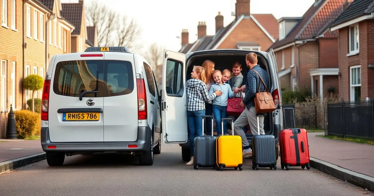 Taxi naar het vliegveld met kinderen Gezin met kinderen en koffers stapt in een taxibus in een Nederlandse straat