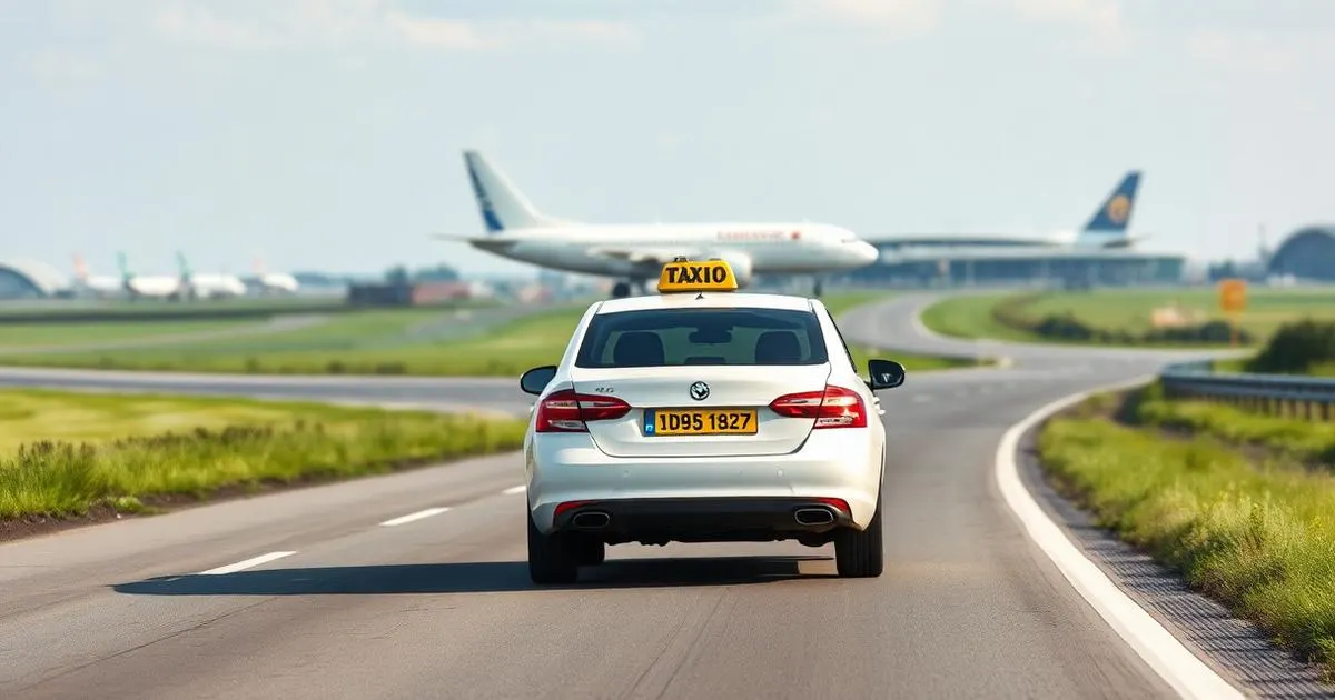 Taxi naar het vliegveld of zelf rijden Taxi met geel kenteken op een Nederlandse snelweg richting de luchthaven