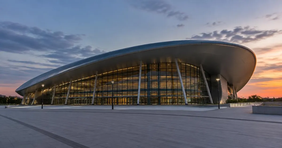 Groot modern evenementengebouw met gebogen dak in de avond, zonder mensen