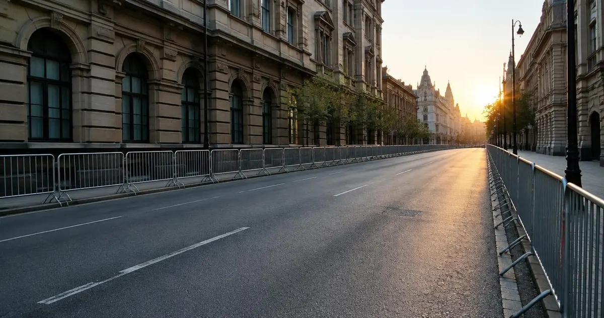 Lege afgezette stadsstraat met dranghekken in de ochtend