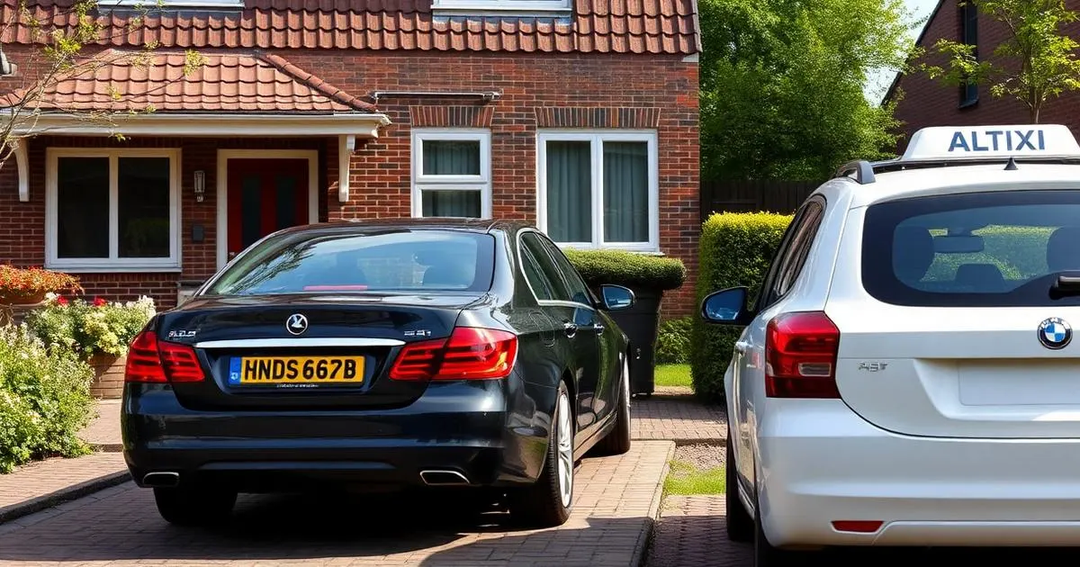 Taxi of eigen auto Eigen auto op een Nederlandse oprit met een taxi aan de stoep