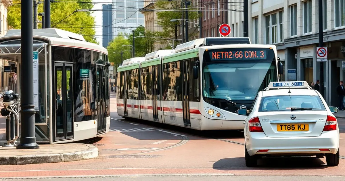 Taxi of openbaar vervoer Tram en stadsbus bij een halte in een Nederlandse stad met een wachtende taxi