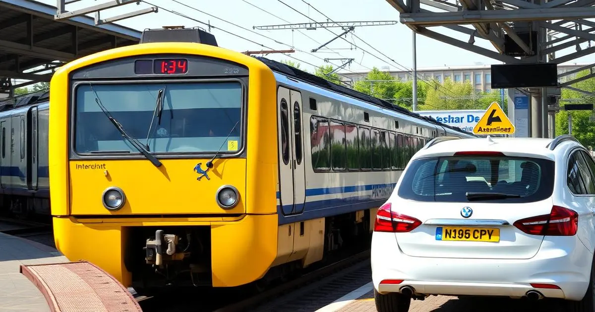 Taxi of trein Nederlandse intercity langs het perron met een taxi op het stationsplein