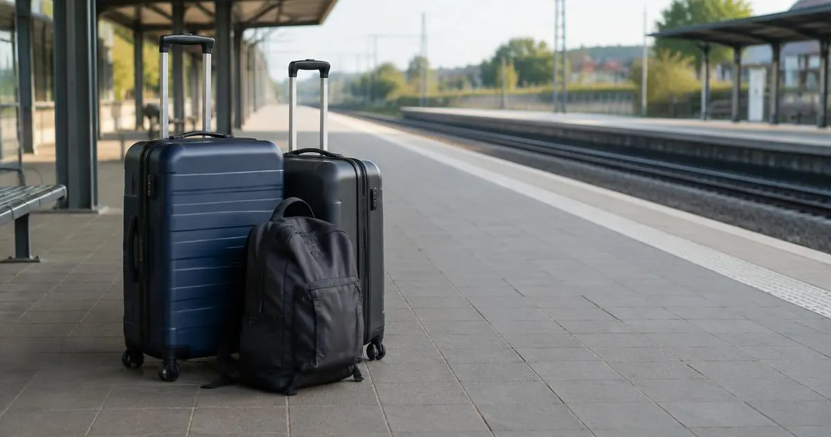 Twee koffers en een rugzak op een stationsperron