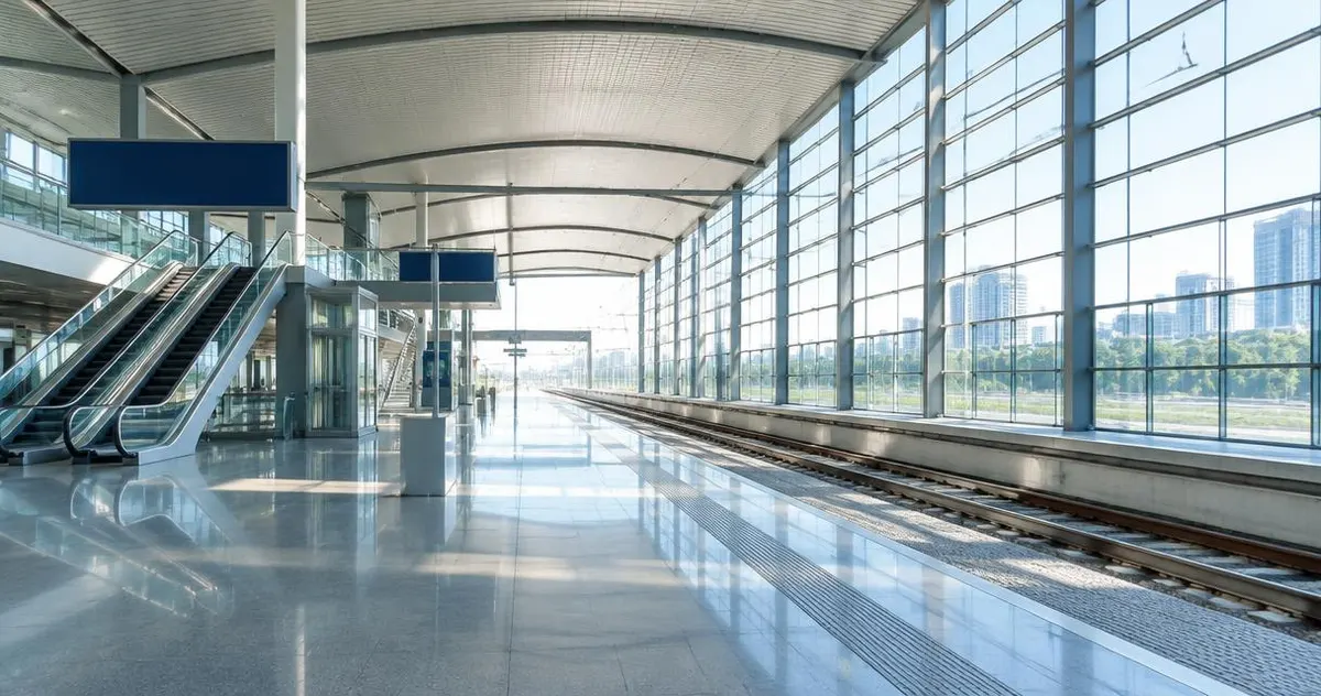 Brede stationshal met hoge glazen gevel, zonder reizigers
