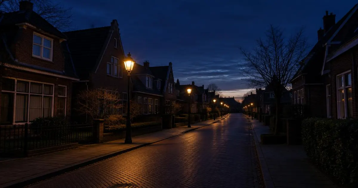 Donkere woonstraat met brandende lantaarnpalen vlak voor zonsopgang
