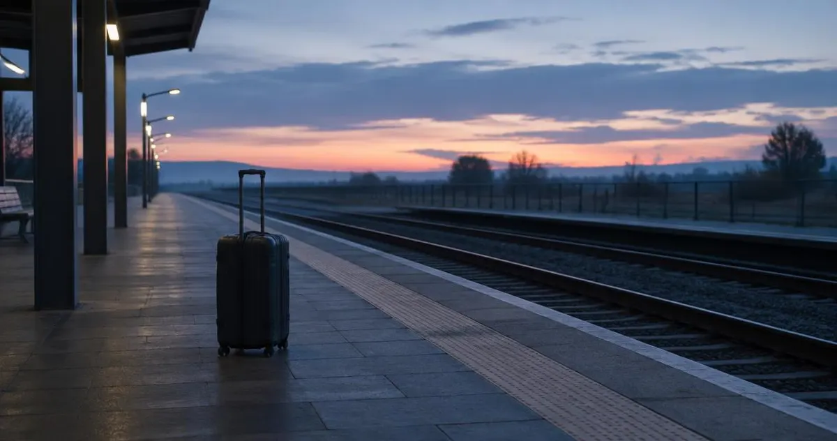 Empty train platform in the early morning with a rolling suitcase