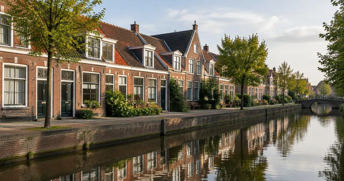 Woonwijk met rijtjeshuizen aan het water in de regio Rotterdam