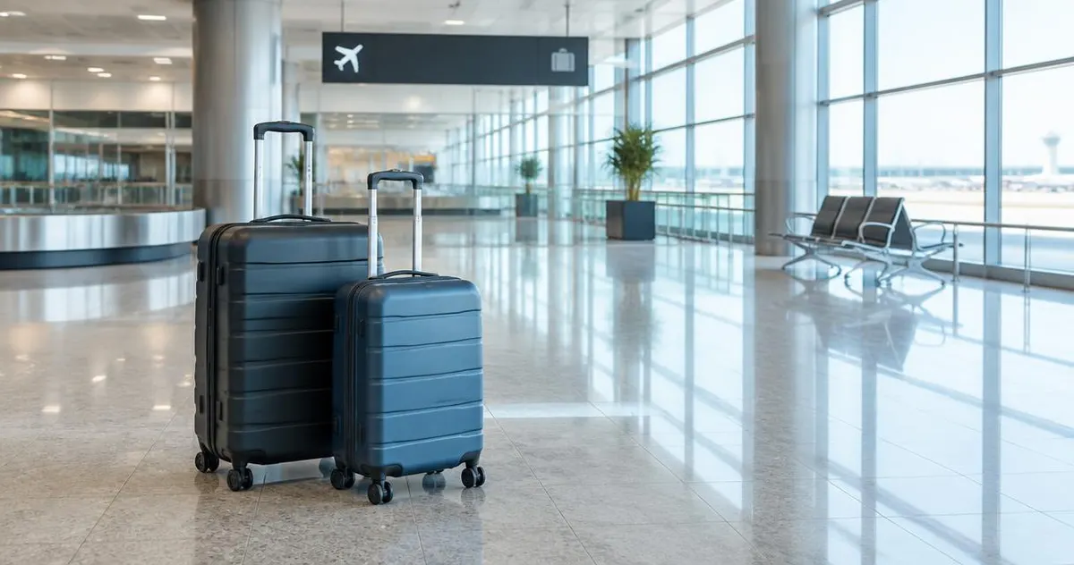 Aankomsthal van een luchthaven met rolkoffers op de voorgrond, zonder herkenbare personen