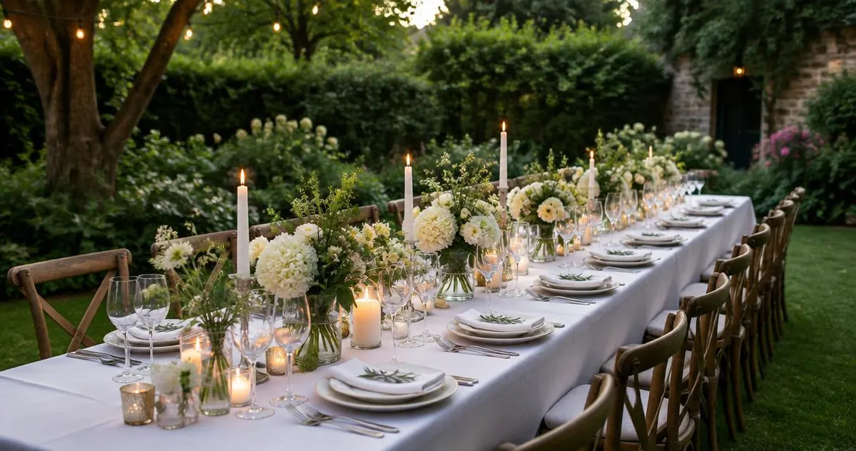 Feestelijk gedekte lange tafel met witte kleden, bloemen en glazen