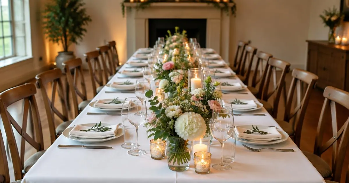 Feestelijk gedekte tafel met bloemen, zonder personen