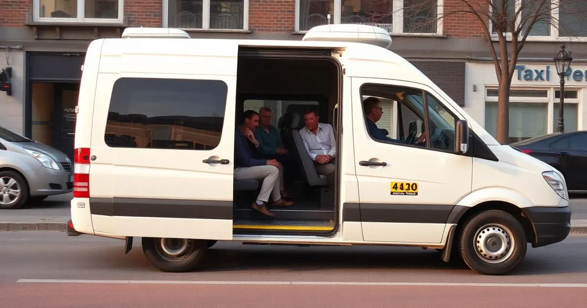 Taxibus met meerdere personen Witte taxibus met open schuifdeur en instappende reizigers in een Nederlandse straat