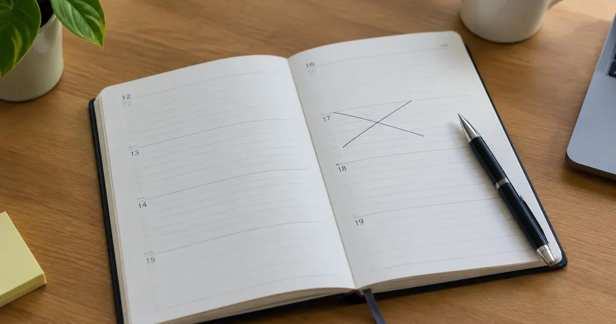 Open agenda met een doorgestreepte datum en een pen