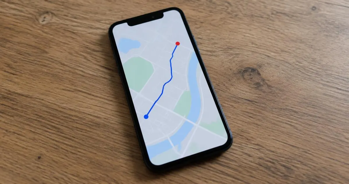 Smartphone op een tafel met een eenvoudige kaart en een routelijn