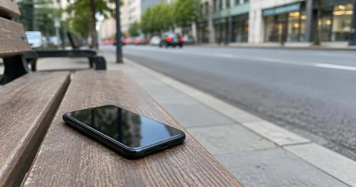 Smartphone op een bankje bij een stoeprand, onscherpe stad op de achtergrond