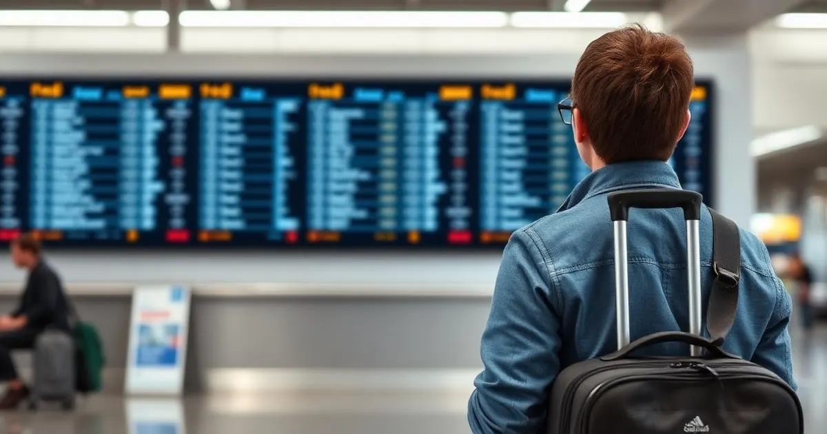 Vertraging van trein of vlucht Reiziger met koffer kijkt naar een vertrekbord in een aankomsthal