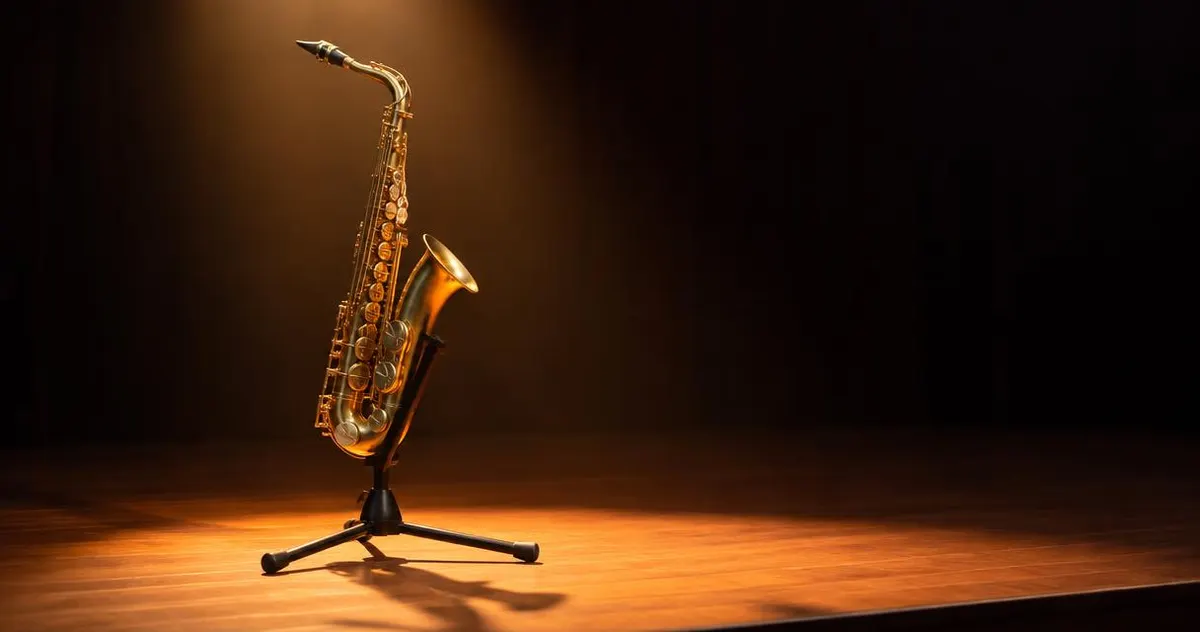 Saxophone on a stand on an empty stage in warm light