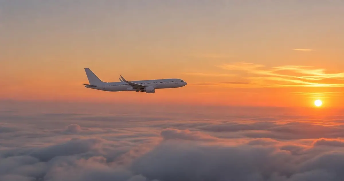 Vliegtuig in de lucht boven wolken bij zonsondergang