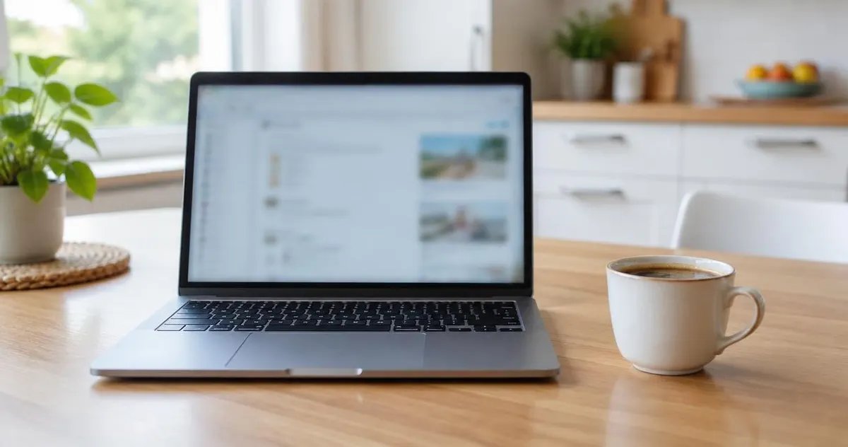 Laptop op een keukentafel met een simpele boekingspagina, onscherp scherm