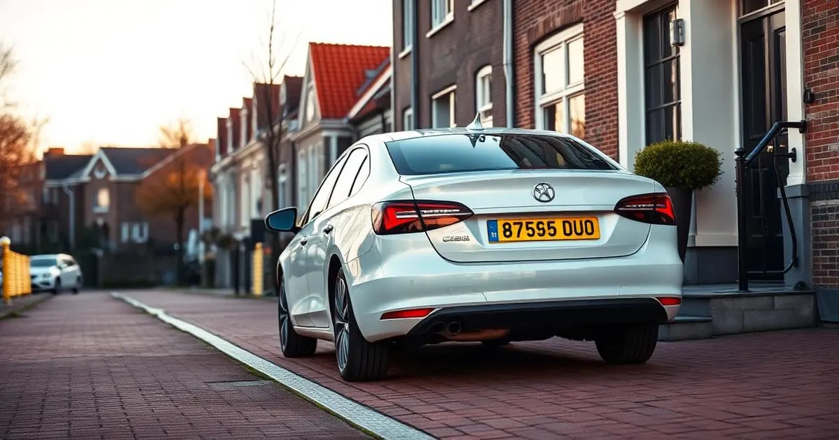 Voordelen van vooraf reserveren Witte taxi met geel kenteken wacht bij een Nederlands grachtenpand in de ochtend
