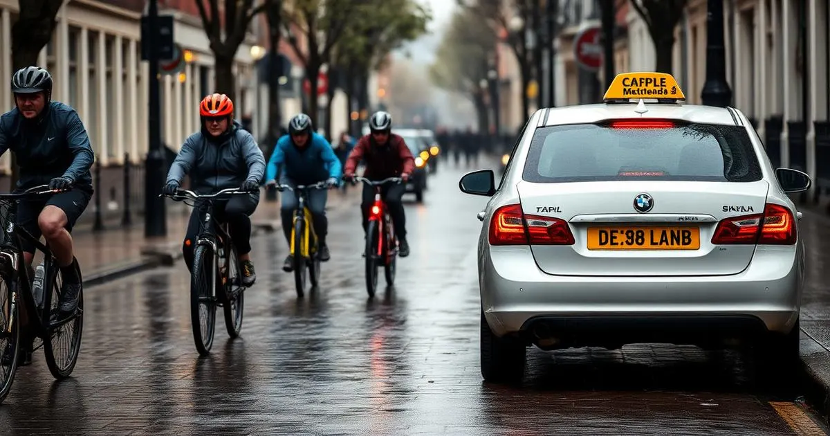 Wanneer is een taxi de slimste keuze Regenachtige Nederlandse straat met fietsers en een wachtende taxi
