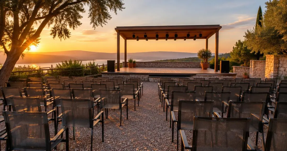 Row of empty seats and a small stage outdoors in evening light