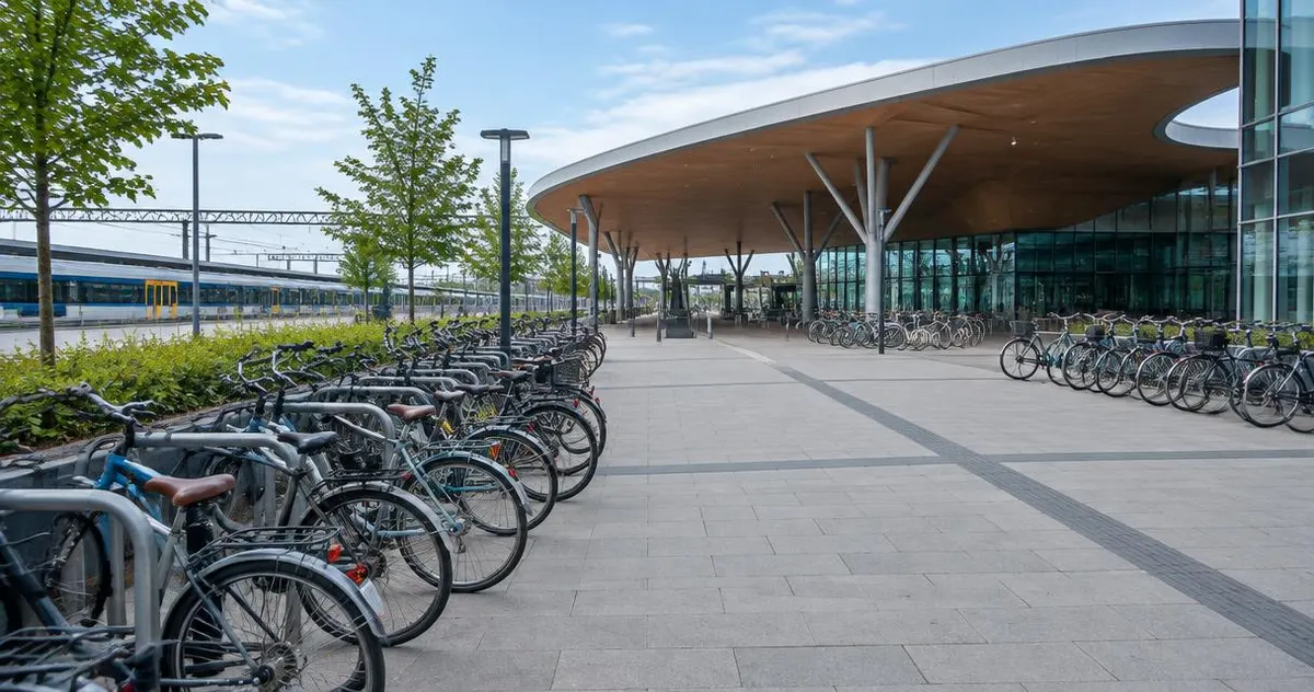 Stationsplein met fietsenrekken en een modern stationsdak bij daglicht