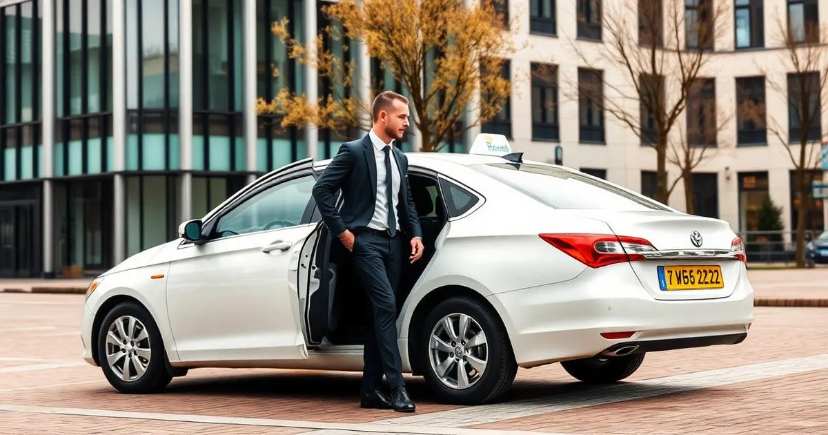Zakelijk taxivervoer en facturatie Zakenreiziger stapt uit een witte taxi met geel kenteken bij een Nederlands kantoor